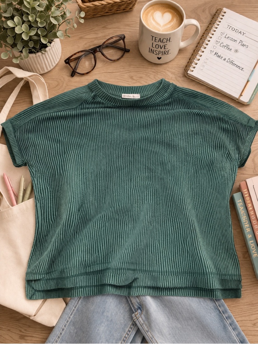 Zenana Ribbed Short Sleeve Top Green Oversized L/XL Teacher Cozy Boho Casual